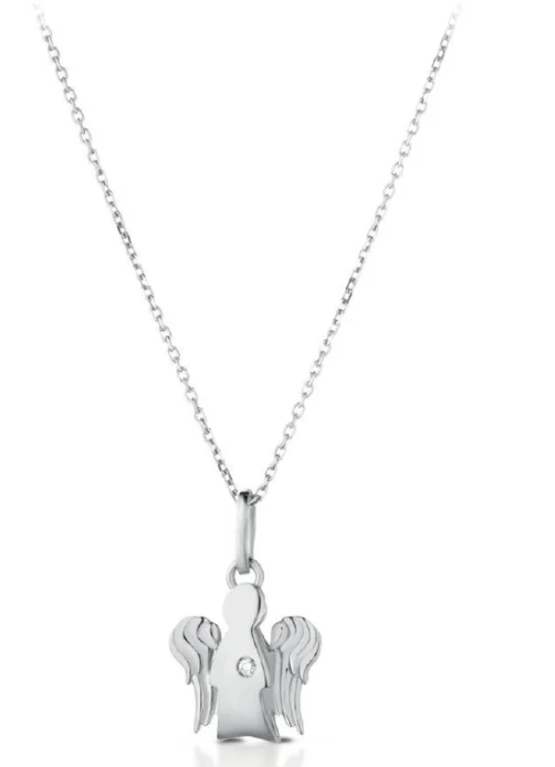 Collana Con Angelo In Oro Bianco e Diamante