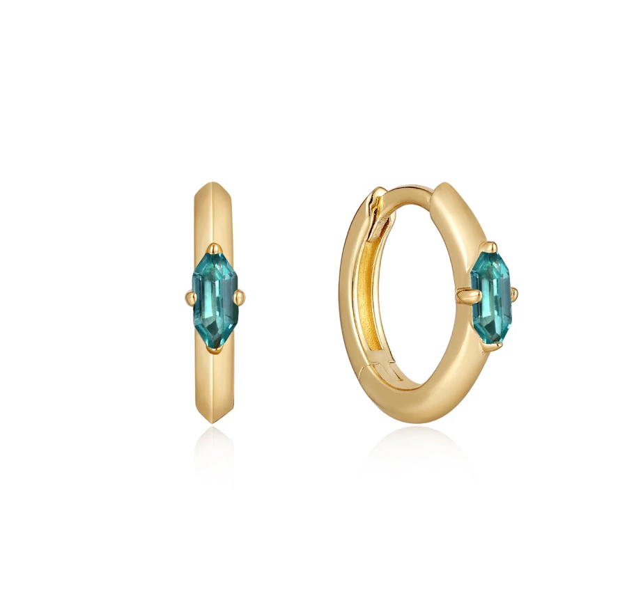 Gold Teal Sparkle Emblem Huggie Hoop Earrings